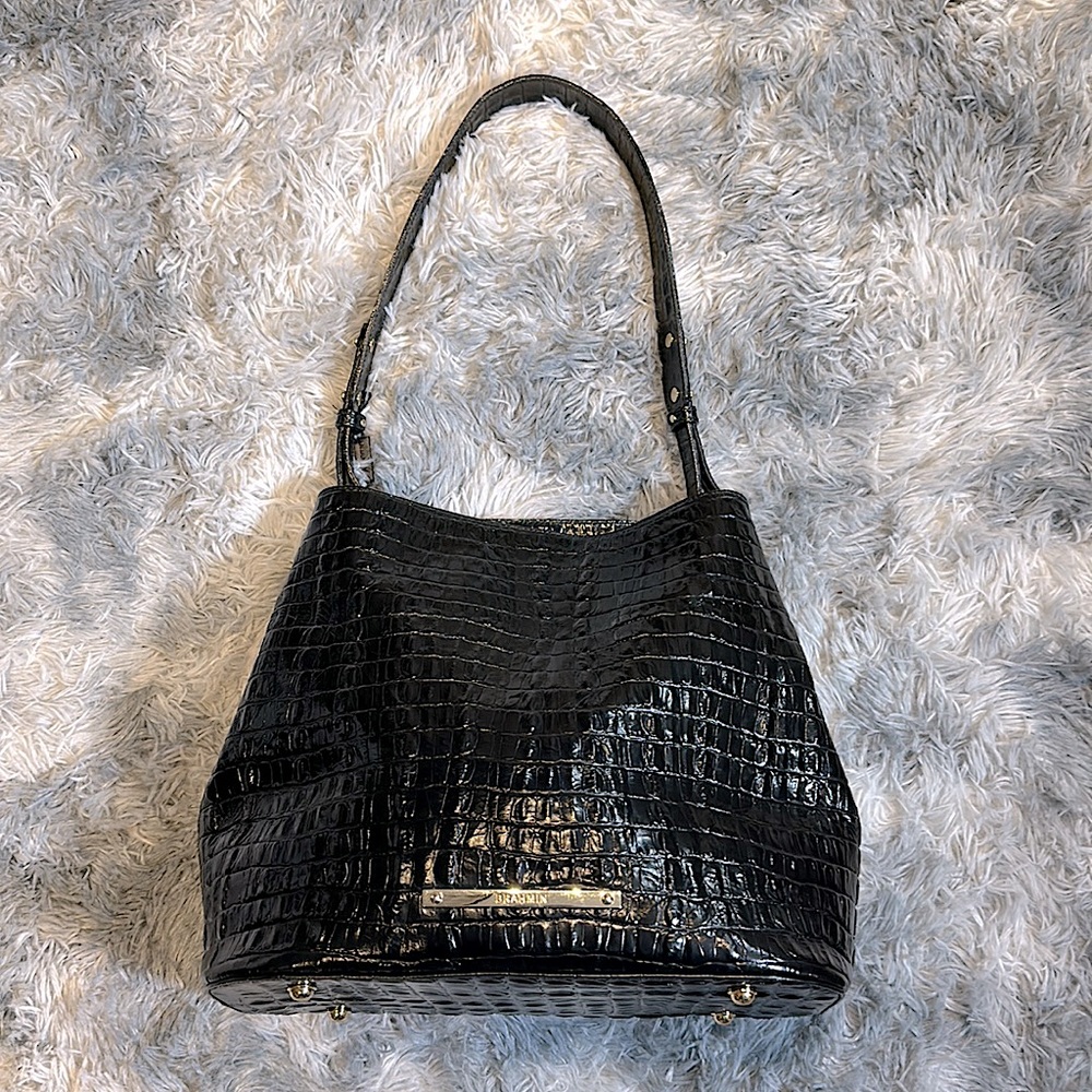 BRAHMIN Classic Croc Embossed Leather - All Black Leather Bucket Style Tote Bag!